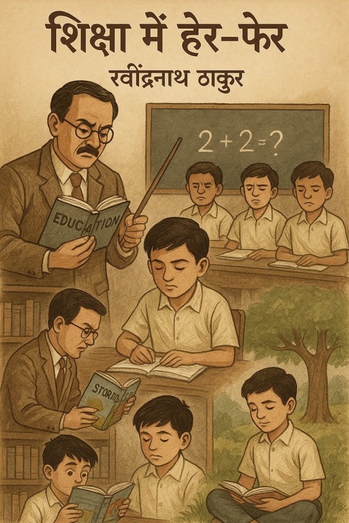 raditional classroom with strict teacher and passive students; a boy finds joy in reading outside under a tree, illustrating the contrast between rigid education and natural learning.