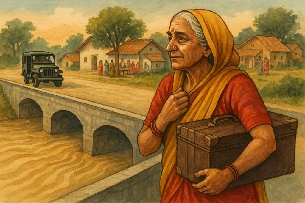 एक वृद्ध भारतीय महिला पारंपरिक साड़ी में लकड़ी का संदूक लेकर सूखी नदी पर बने सीमेंट के पुल को पार कर रही है; पृष्ठभूमि में एक ग्रामीण गाँव और पुरानी जीप दिखाई दे रही है।