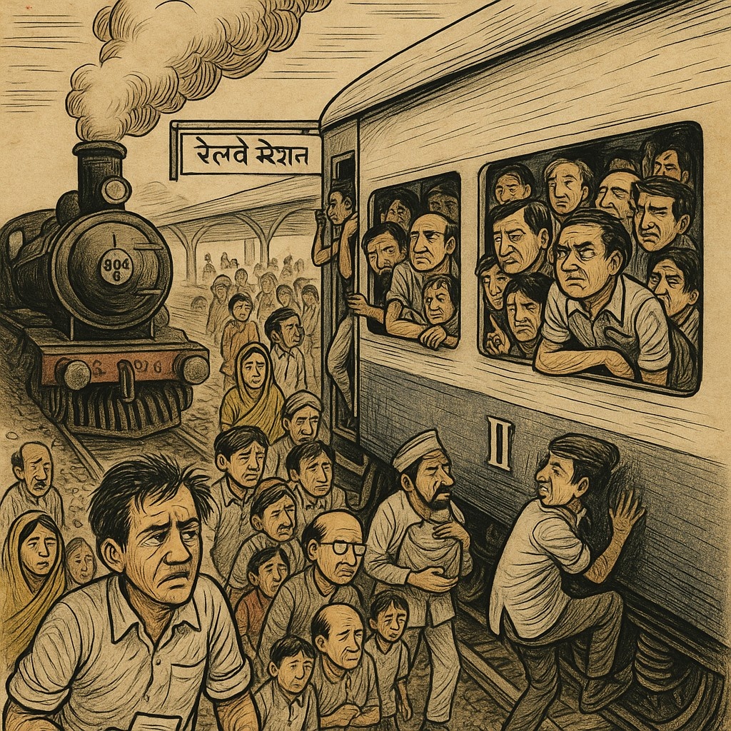 भीड़भाड़ वाले भारतीय रेलवे स्टेशन पर यात्री ट्रेन में चढ़ने के लिए संघर्ष करते हुए, एक आदमी गोद में रोते हुए बच्चे के साथ बैठा है – शरद जोशी की व्यंग्य रचना 'रेल यात्रा' पर आधारित चित्र।