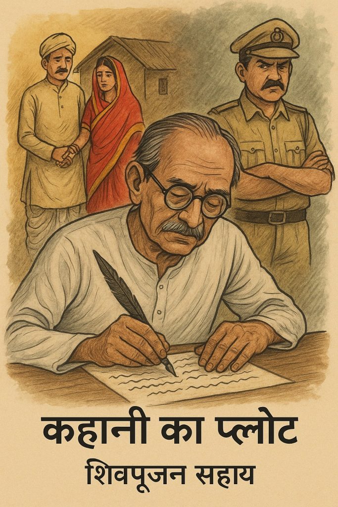 लेखक शिवपूजन सहाय कहानी लिखते हुए, पृष्ठभूमि में ग्रामीण नवविवाहित दंपति और एक कठोर थानेदार।